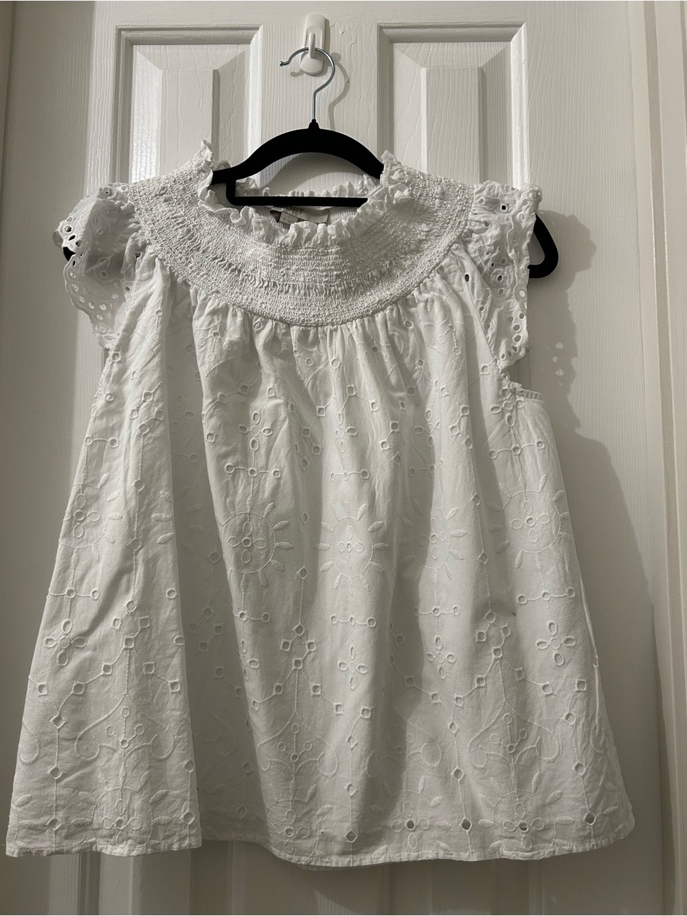 LOFT White Ruffled Eyelet Smocked Top